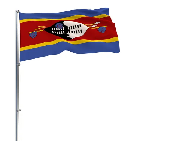 Izolovat vlajka království eswatini - Svazijsko na stožáru vlaje ve větru na bílém pozadí, 3d vykreslování. — Stock fotografie