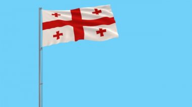 Mavi arka plan, 3d render rüzgarla içinde çırpınan bir bayrak direğine Gürcistan bayrağı izole