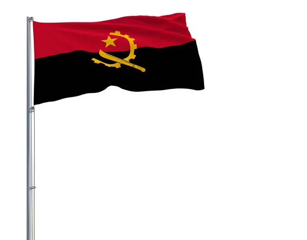 Isolar bandeira de Angola em um mastro de bandeira que flutua no vento em um fundo branco, 3d renderização . — Fotografia de Stock