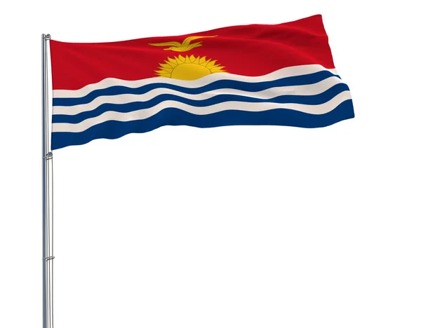 Aislar la bandera de Kiribati en un asta de la bandera ondeando en el viento sobre un fondo blanco, 3d representación — Foto de Stock