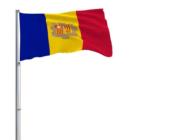 Isolierte andorra-flagge auf einem fahnenmast, der im wind auf weißem hintergrund flattert, 3d rendering. — Stockfoto