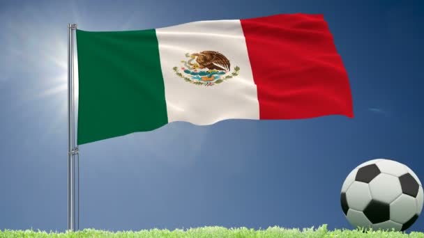 Flagga Mexiko Fladdrande Och Fotboll Rullar Gräsmattan Rendering Film — Stockvideo