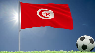 Tunus çırpınan ve bir futbol bayrağı rulo çim, 3d render, 4 k görüntüleri