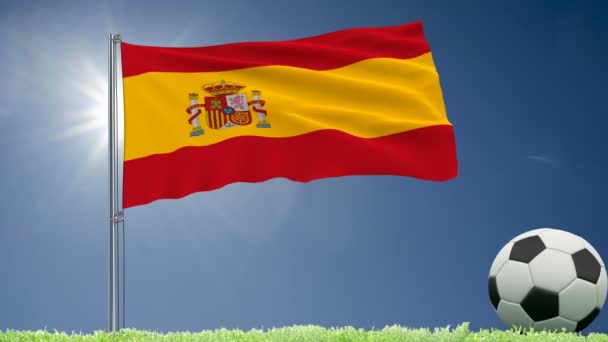 Flagga Spanien Fladdrande Och Fotboll Rullar Gräsmattan Rendering Film — Stockvideo