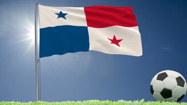 Flagge Panamas Flattert Und Ein Fußball Rollt Auf Dem Rasen — Stockvideo