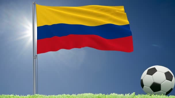 Flagge Kolumbiens Flattert Und Ein Fußball Rollt Auf Dem Rasen — Stockvideo