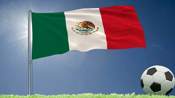 Flagga Mexiko fladdrande och en fotboll rullar på gräsmattan, 3d-rendering. — Stockfoto