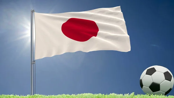 Bandera de Japón ondeando y un balón de fútbol en el césped, 3d renderizado . —  Fotos de Stock