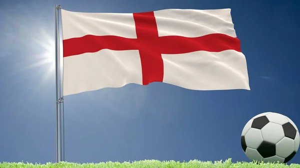 Bandeira da Inglaterra balançando e um rolos de futebol no gramado, renderização 3d . — Fotografia de Stock