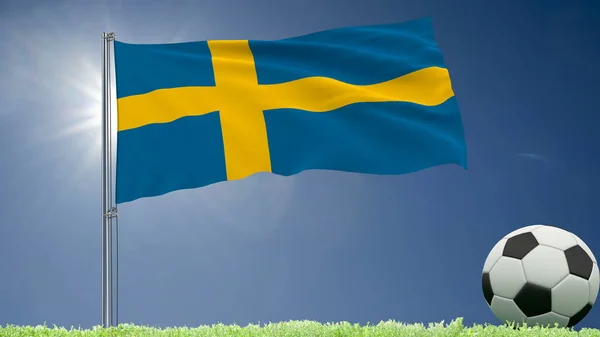 Çimenlikte, 3d render bayrak çırpınan İsveç ve bir futbol toplar. — Stok fotoğraf