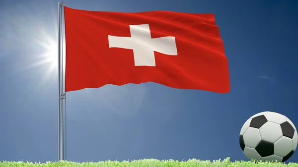 Flagge der Schweiz flattert und ein Fussball rollt auf dem Rasen, 3D-Darstellung. — Stockfoto