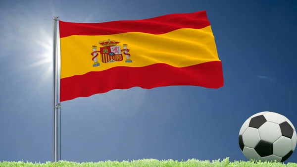 Bandera de España ondeando y un balón de fútbol en el césped, 3d renderizado . — Foto de Stock