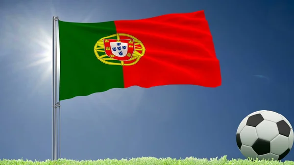 Bandeira de Portugal tremulando e um rolo de futebol no gramado, renderização 3d . — Fotografia de Stock