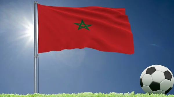 Zászlaja Marokkó csapkodott és egy labdarúgó tekercs a gyepen, 3d-leképezés. — Stock Fotó