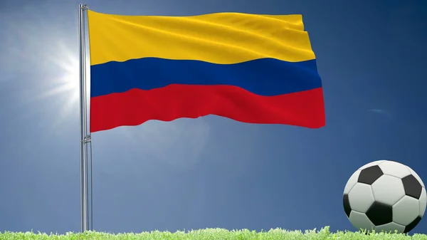 Flagga Colombia fladdrande och en fotboll rullar på gräsmattan, 3d-rendering. — Stockfoto