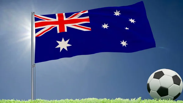 Flag of Australia fluttering and a football rolls on the lawn, 3d rendering. — Stock Photo, Image