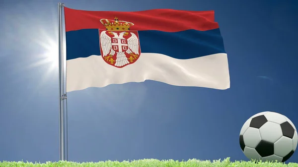 Çimenlikte, 3d render bayrak çırpınan Sırbistan ve bir futbol toplar. — Stok fotoğraf