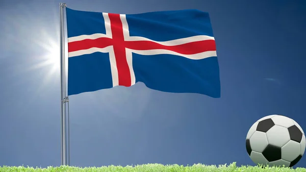 Bandera de Islandia ondeando y un balón de fútbol en el césped, 3d renderizado . —  Fotos de Stock