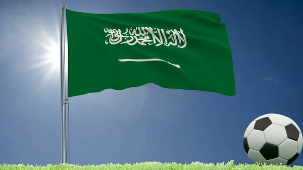 Flag of Saudi Arabia fluttering and a football rolls on the lawn, 3d rendering. — Stock Photo, Image