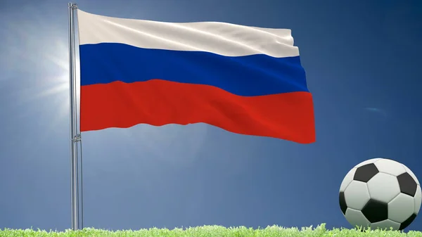 Vlag van Rusland gefladder en een voetbal rolt op het gazon, 3D-rendering. — Stockfoto