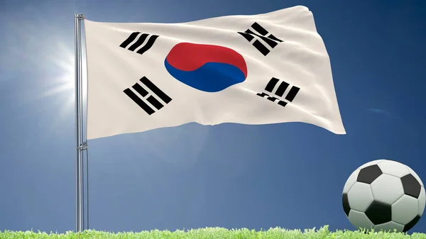 Vlajka Jižní Koreje vlající a fotbalový míč rolích na trávníku, vykreslování 3d objektů. — Stock fotografie