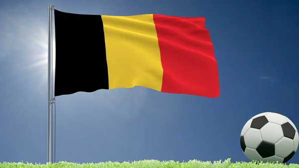 Flaga Belgii fruwające i piłki nożnej toczy się na trawniku, renderowania 3d. — Zdjęcie stockowe