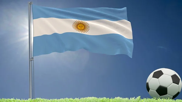 Bandiera di Argentina sventola e un rotoli di calcio sul prato, rendering 3d . — Foto Stock