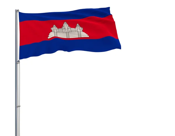 Aislar la bandera de Camboya en un asta de la bandera ondeando en el viento sobre un fondo blanco, 3d representación . —  Fotos de Stock