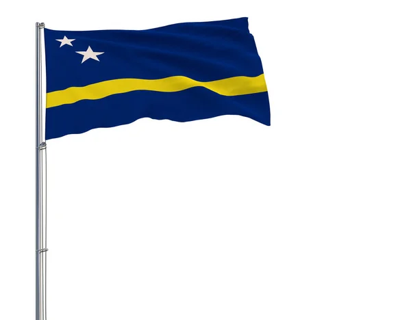 Isolierte Flagge von Curaçao auf einem Fahnenmast, der im Wind auf weißem Hintergrund flattert, 3D-Darstellung. — Stockfoto