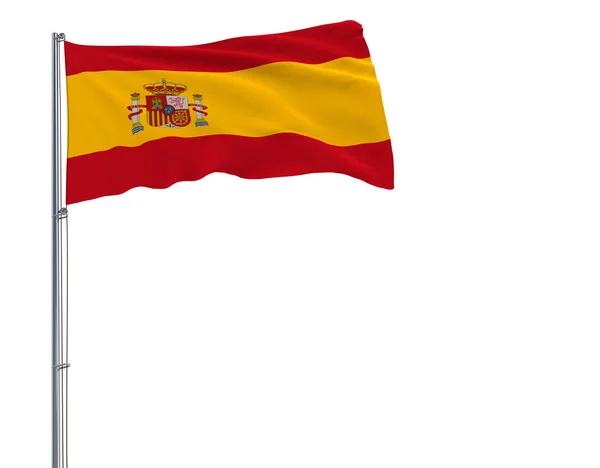 Aislar la bandera de España en un asta de la bandera ondeando en el viento sobre un fondo blanco, 3d renderizado . — Foto de Stock