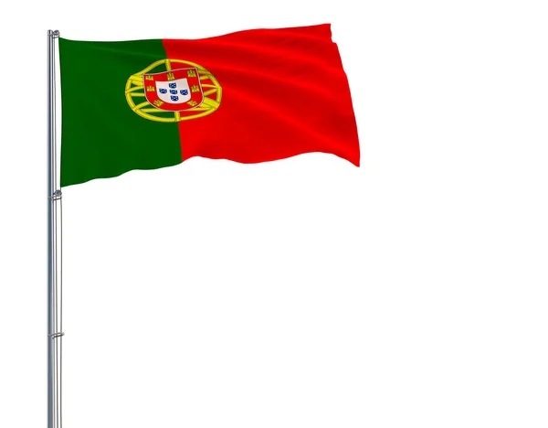 Drapeau isolé du Portugal sur un mât flottant dans le vent sur un fond blanc, rendu 3d . — Photo