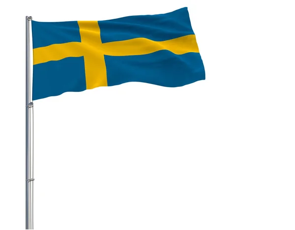 Aislar la bandera de Suecia en un asta de la bandera ondeando en el viento sobre un fondo blanco, 3d representación . —  Fotos de Stock