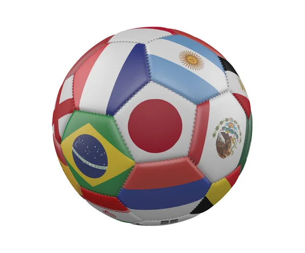 Voetbal Soccerball met vlaggen geïsoleerd op een witte achtergrond, Japan in het midden, 3D-rendering. — Stockfoto