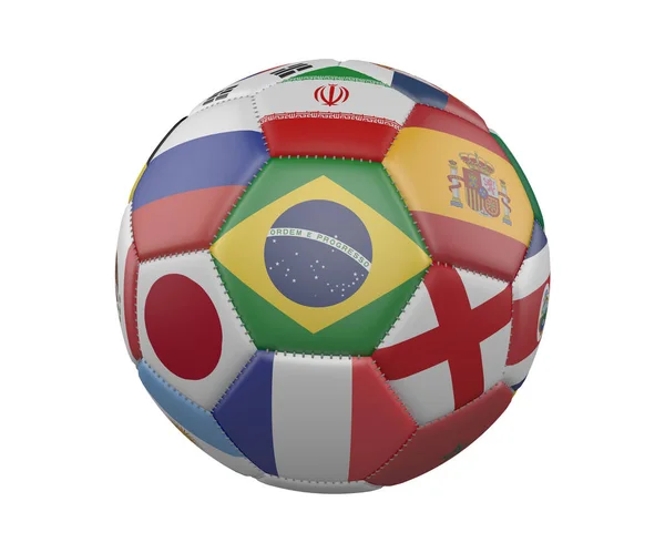 Voetbal Soccerball met vlaggen geïsoleerd op een witte achtergrond, Brazilië in het centrum, 3D-rendering. — Stockfoto