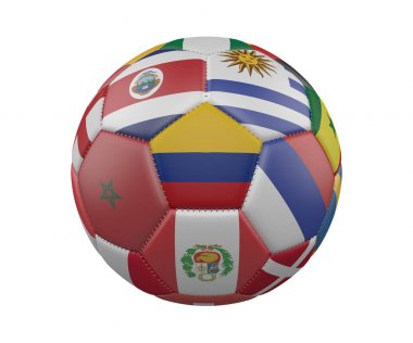 Beyaz arka planda, Kolombiya şehir merkezinde 3d render izole bayrakları ile futbol topu.