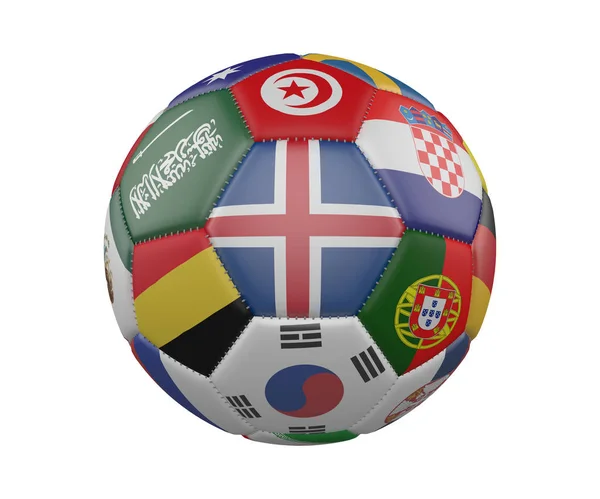 Fußball mit Fahnen auf weißem Hintergrund, Island in der Mitte, 3D-Darstellung. — Stockfoto