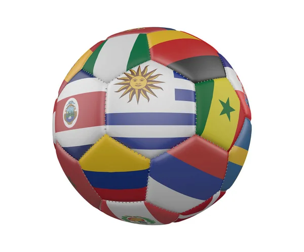 Voetbal met vlaggen geïsoleerd op een witte achtergrond, Uruguay in het centrum, 3D-rendering. — Stockfoto
