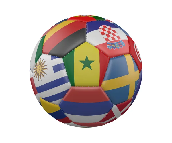 Voetbal met vlaggen geïsoleerd op een witte achtergrond, Senegal in het centrum, 3D-rendering. — Stockfoto