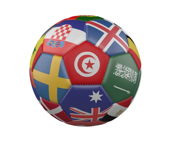 Fotbalový míč s příznaky izolované na bílém pozadí, Tunisko v centru, vykreslování 3d objektů. — Stock fotografie