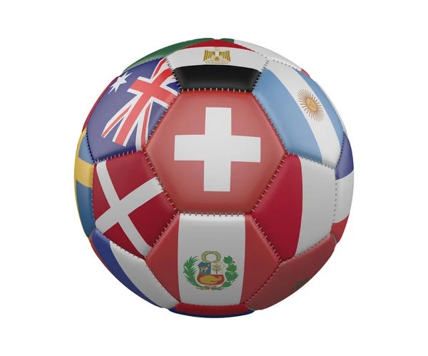 ฟุตบอลที่มีธงแยกกันบนพื้นหลังสีขาว สวิตเซอร์แลนด์ตรงกลาง . — ภาพถ่ายสต็อก
