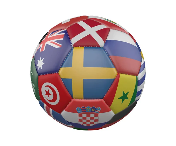 Fotbalový míč s příznaky izolované na bílém pozadí, Švédsko v centru, vykreslování 3d objektů. — Stock fotografie