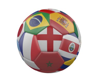 Beyaz arka planda, İngiltere'de Merkezi, 3d render izole bayrakları ile futbol topu.