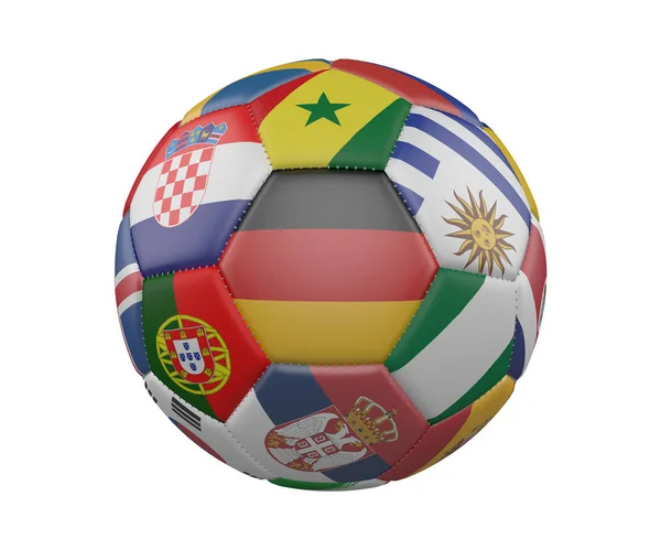 Voetbal met vlaggen geïsoleerd op een witte achtergrond, Duitsland in het midden, 3D-rendering. — Stockfoto