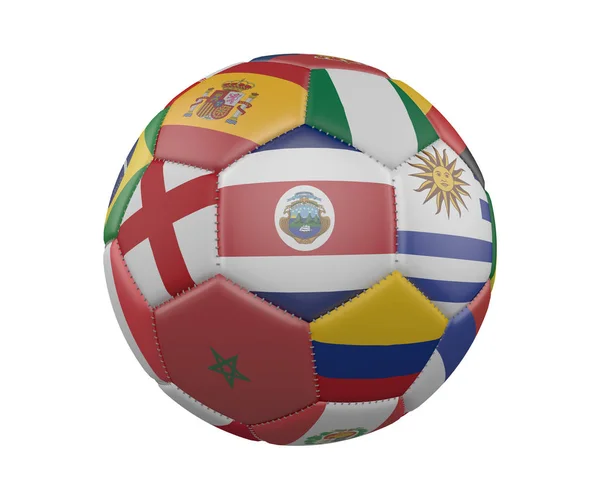 Voetbal met vlaggen geïsoleerd op een witte achtergrond, Costa Rica in het centrum, 3D-rendering. — Stockfoto