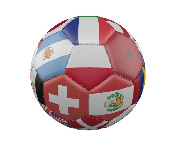 Fußball mit Fahnen auf weißem Hintergrund, Poland in der Mitte, 3D-Darstellung. — Stockfoto