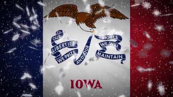 Iowa flag falling snow, New Year and Christmas background, loop — Stock Video