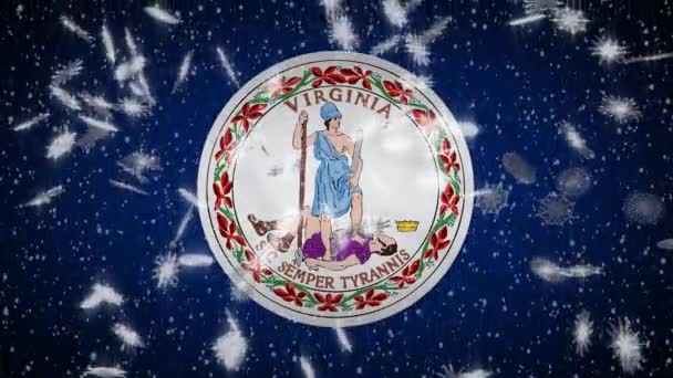 Virginia flag fallenden Schnee, Neujahr und Weihnachten Hintergrund, Schleife — Stockvideo
