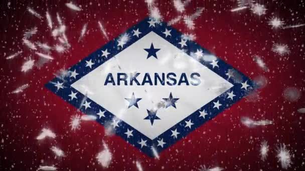 Arkansas flag falling snow, New Year and Christmas background, loop — Stock Video