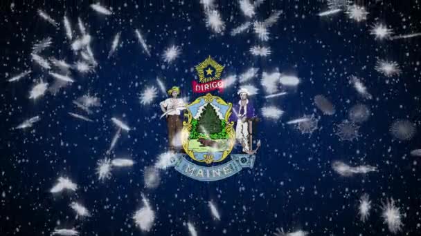 Maine flag falling snow, New Year and Christmas background, loop — ストック動画