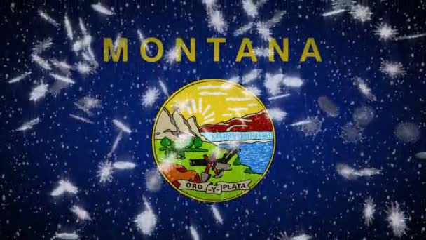 Montana flag fallender Schnee, Hintergrund für Neujahr und Weihnachten, Schleife — Stockvideo